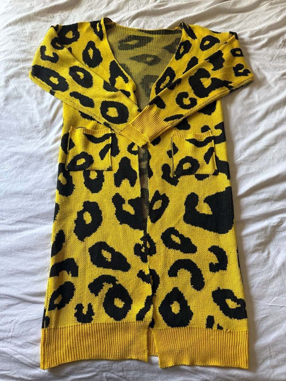 Yellow & Black Leopard Print Open Front Long Knit Cardigan Sweater with Pockets